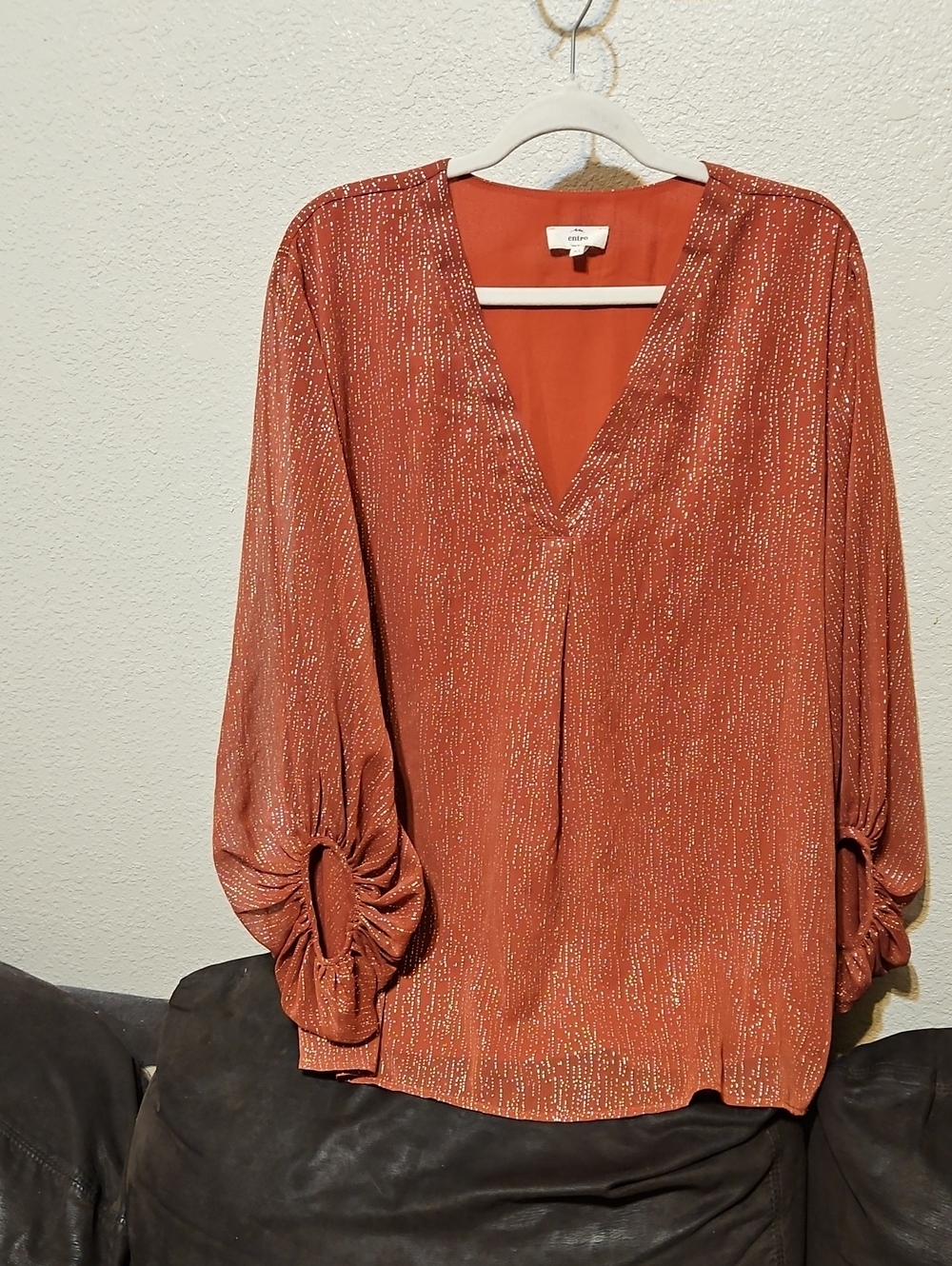 entro Rust Metallic V-Neck Blouse with Gathered Balloon Sleeves